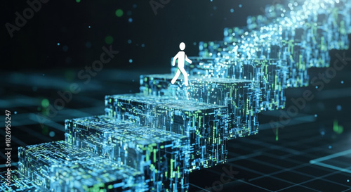 Determined figure climbs digital stairway symbolizing future growth through search engine optimization strategy and development for success