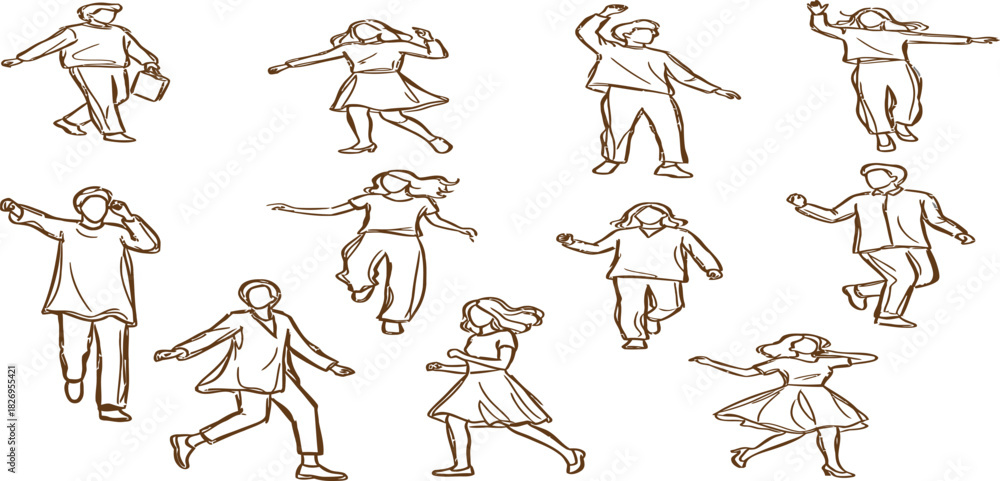 Fototapeta premium Sketch illustration of people in various poses walking dancing and moving freely