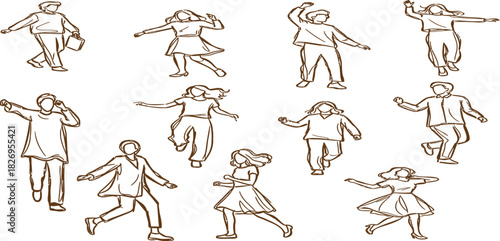 Sketch illustration of people in various poses walking dancing and moving freely