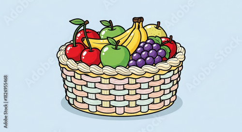Healthy food cartoon illustration: woven basket full of fresh fruits