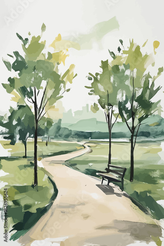green autumn park wall art illustration