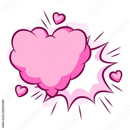Valentine cartoon cloud heart with explosion. Romantic speech bubble in comic style. Love greeting card.