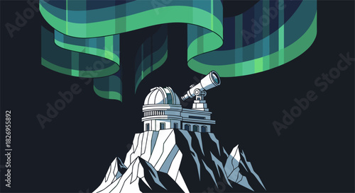 Northern lights over mountain observatory with telescope and snowy peaks