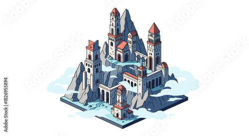 Medieval mountain fortress with towers and clouds in isometric art style