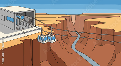 Cable cars crossing canyon landscape with geometric style and blue sky