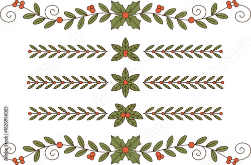 Christmas holly berry leaf borders and dividers vector