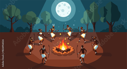 Traditional dance circle around campfire under moonlit sky in forest landscape
