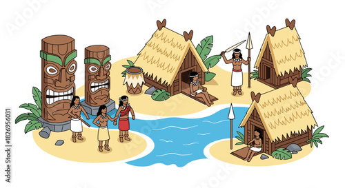 Isometric island village scene with traditional huts and totem poles