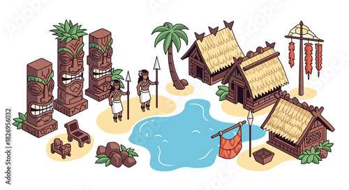 Isometric tropical village with tribal statues and huts by a pool