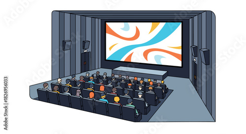 Cozy cinema with large screen and audience watching colorful presentation in modern auditorium