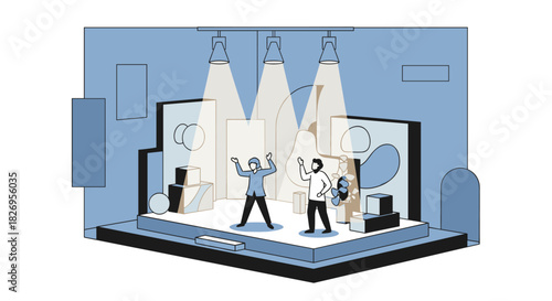 Theater stage design with actors under spotlights in monochrome style