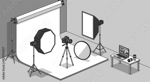 Isometric photography studio with lighting equipment and camera setup