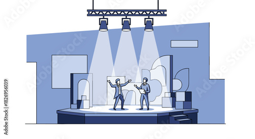 Monochrome theater stage with performers under spotlights in blue tones