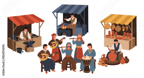 Medieval market scene with musicians and artisans in traditional dress