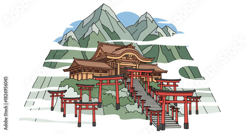 Traditional japanese shrine in the mountains with red torii gates