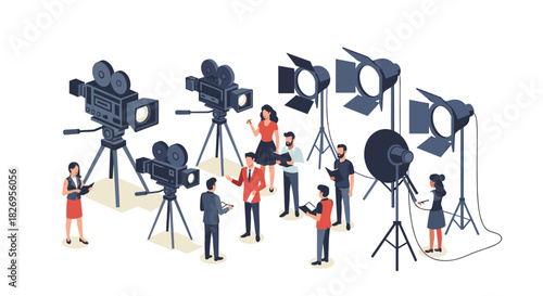 Isometric film crew with cameras and lighting equipment in a studio setting