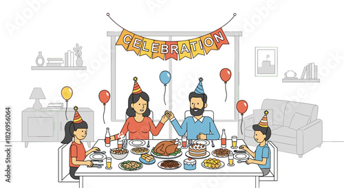 Family celebration at dinner table with party hats and festive decorations in flat style