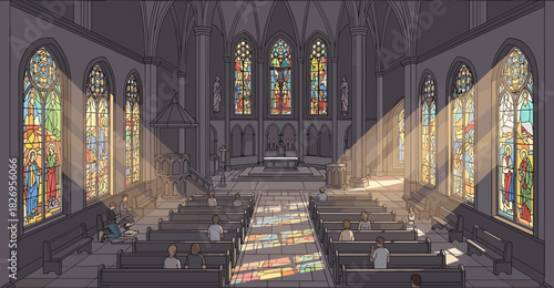 Sunlit cathedral interior: stained glass windows illuminating church architecture