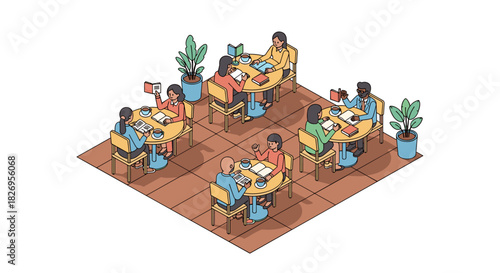 Isometric café scene with people reading and enjoying coffee in a cozy setting