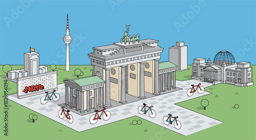 Berlin cityscape: landmark monuments and bicycles in whimsical line art style