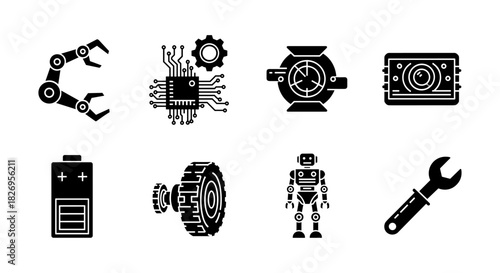 Robotics and technology icon set: black silhouette design for modern industry needs