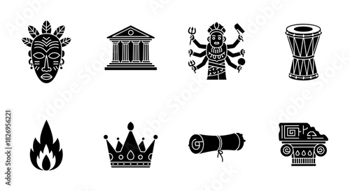 Ancient culture icons collection: masks, temples, gods, and symbols in black silhouette style