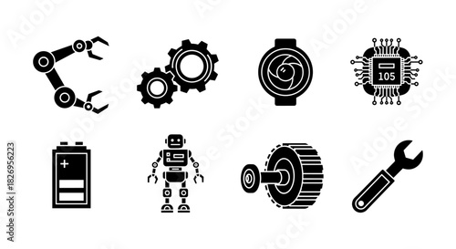 Industrial technology icons set featuring robotics, automation, and engineering elements