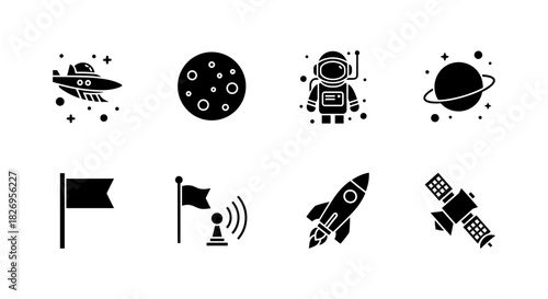 Space icons: planets, astronaut, rocket, satellite, ufo in black and white design