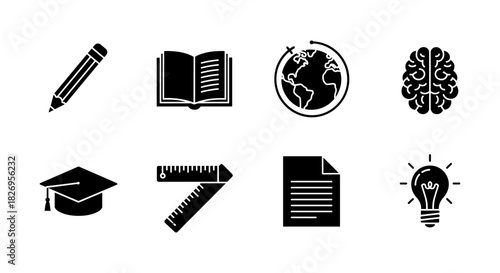 Educational icon set: pencil, book, globe, brain, graduation cap, ruler, document, light bulb