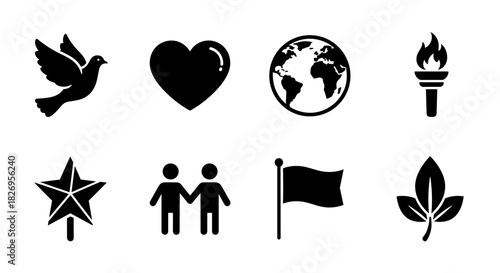 Set of black icons: peace, love, earth, unity, nature, and freedom symbols