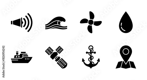 Nautical icon set: marine, navigation, and technology symbols in black silhouette style
