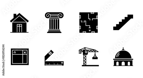 Silhouette icons of architecture: home, column, floor plan, staircase, window, ruler, crane, dome