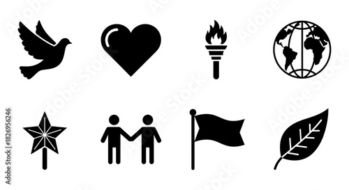 Set of iconic symbols: dove, heart, torch, globe, star, unity, flag, leaf in silhouette style