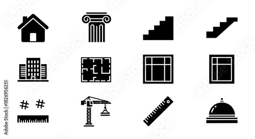 Set of basic black building and architecture icons in simple silhouette style