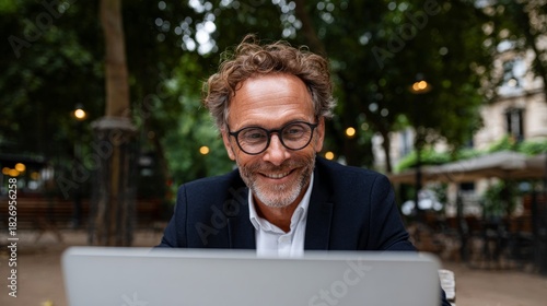 Man sitting at laptop in outdoor cafe.