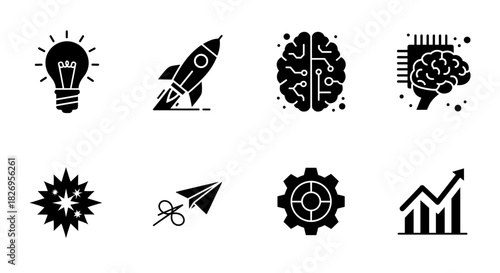 Innovative technology icons: silhouette designs with creative brain and rocket symbols