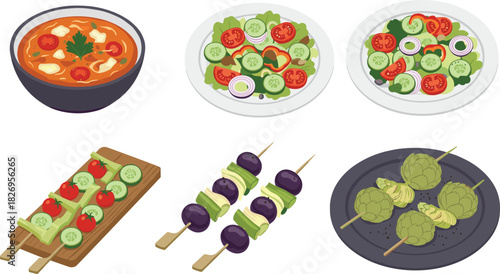 Colorful vegetarian meals, healthy skewers, fresh salads, tomato soup, plant-based cuisine, nutritious food, vibrant vegetables, wholesome ingredients, top view presentation