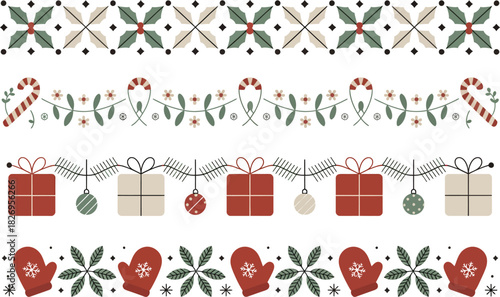 Christmas borders with holly gifts candy canes and mittens