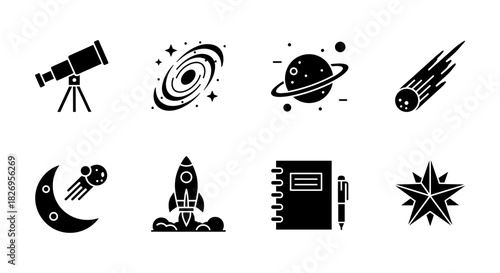 Astronomy icons collection: celestial silhouettes featuring telescopes and rockets