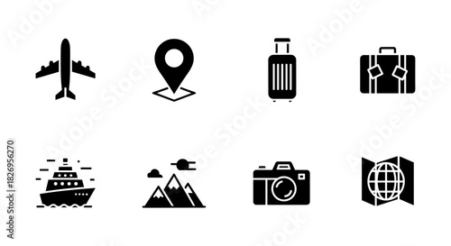 Travel icons: airplane, location, suitcase, luggage, ship, mountains, camera, map