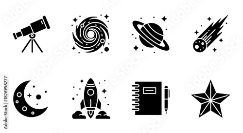 Celestial icons set featuring telescope, galaxy, planets, and astronaut elements in flat style