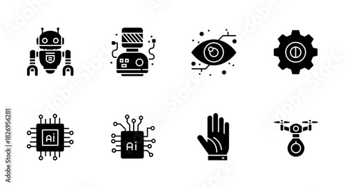 Futuristic technology icons featuring robots, artificial intelligence, and robotics
