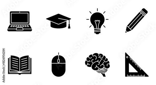 Education icons set: technology, learning, and creativity in silhouette style
