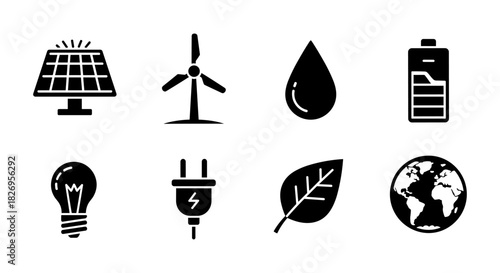 Renewable energy icons set: solar, wind, water, battery, light bulb, plug, leaf, earth