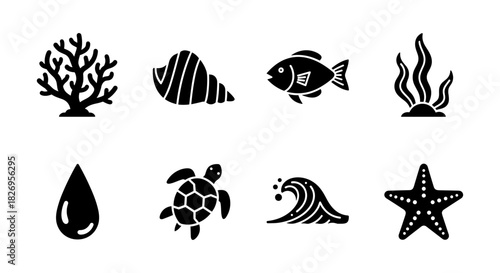 Minimalist marine life icons: ocean themed silhouette set