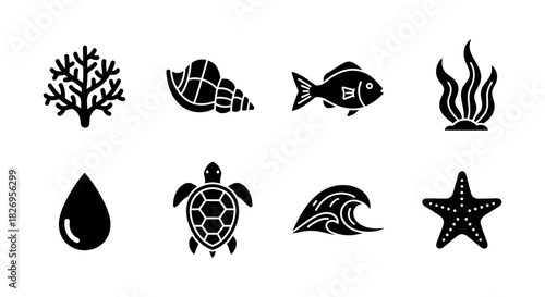 Ocean life silhouettes: coral, fish, shells, and more