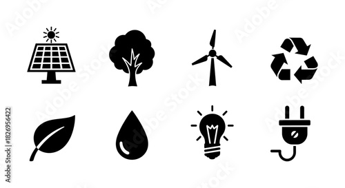 Eco-friendly icons set: solar, wind, recycling, and renewable energy symbols