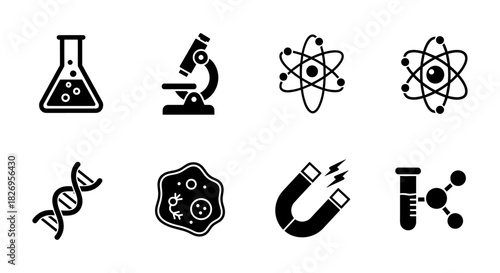 Science icons set featuring dna, molecule, and microscope