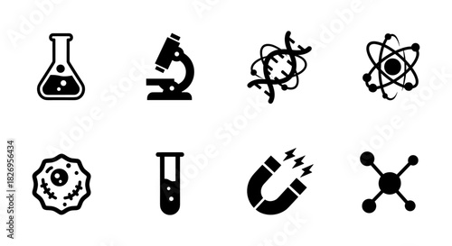Science icon set featuring chemistry, physics, and biology symbols in black and white