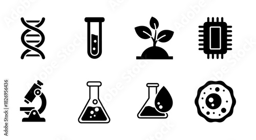 Science icons: dna, microscope, beaker, plant, microchip, cell in black and white style